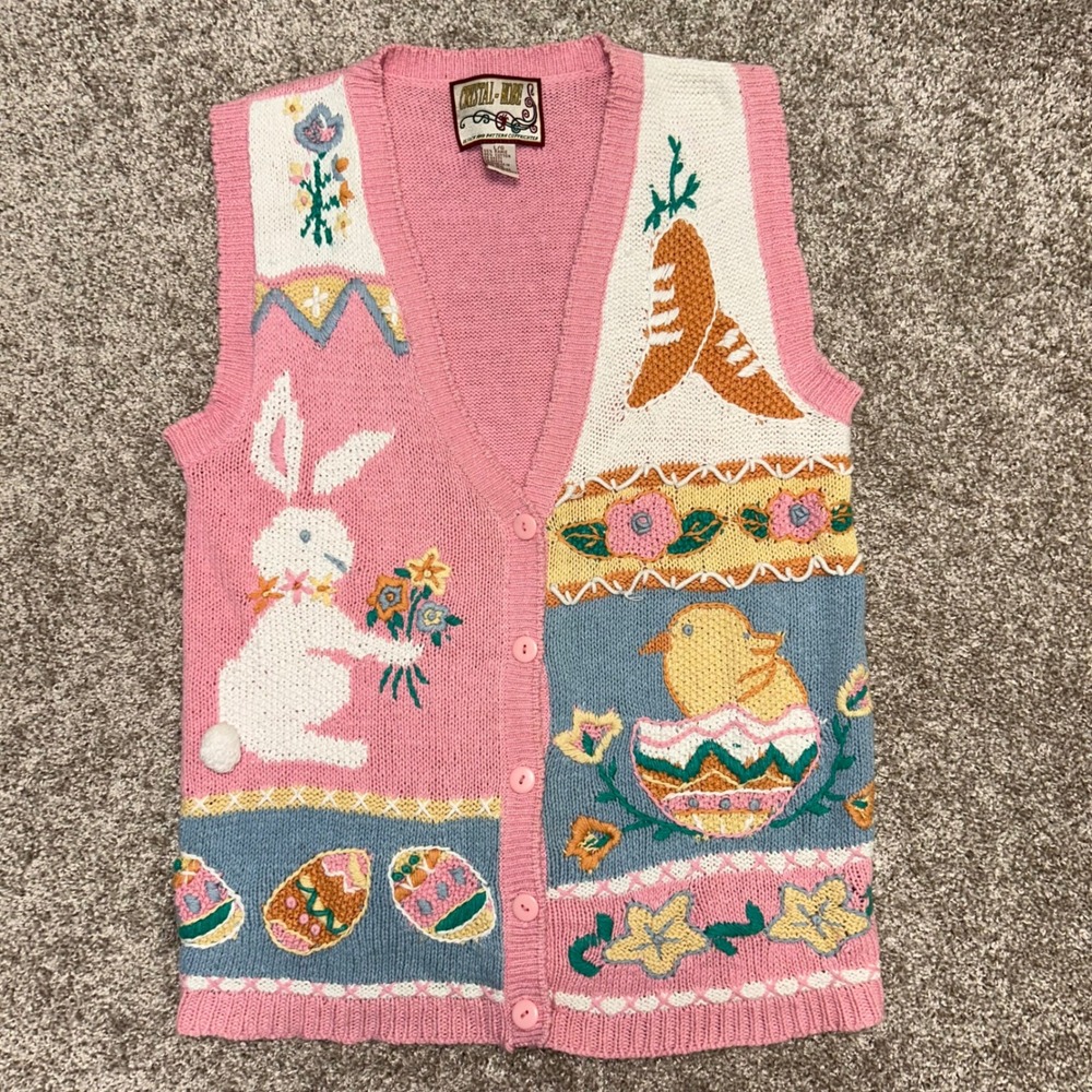 Vintage Crystal-Kobe Easter Sweater Vest Large Bunny Chick Eggs Ramie Cotton